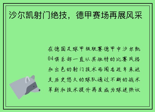 沙尔凯射门绝技，德甲赛场再展风采